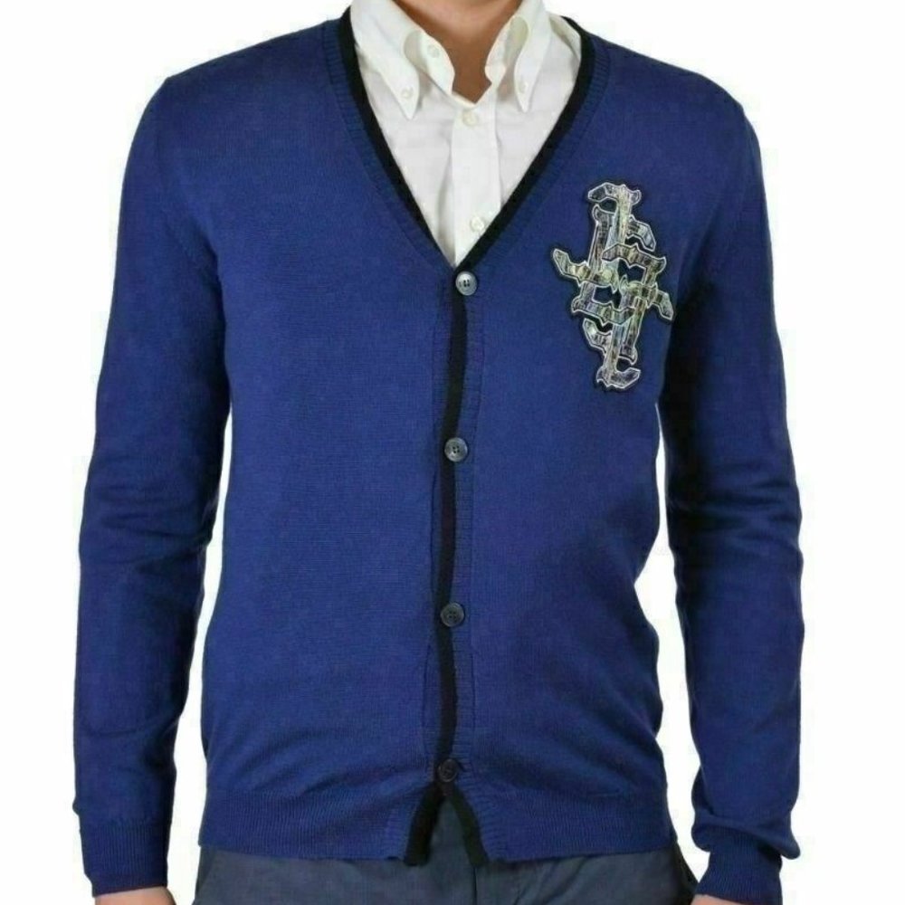 Just Cavalli Men's Blue 100% Wool Cardigan Sweater